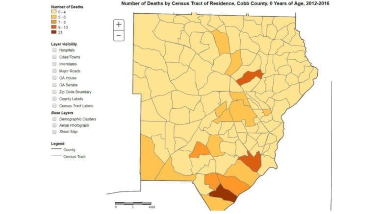 Screenshot of OASIS map showing bright red for high infant mortality on one south Cobb census tract