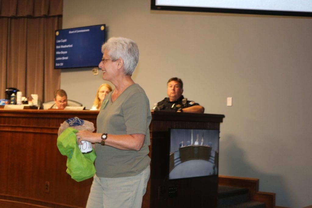 Park and preservation advocate Roberta Cook with her "begging cup" (photo by Larry Felton Johnson)