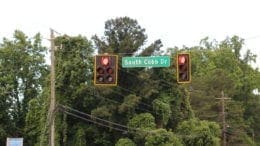 Road sign at South Cobb Drive near Cooper Lake Road in article about South Cobb Drive overnight lane closures (photo by Larry Johnson, Cobb County Courier, CC 4.0)