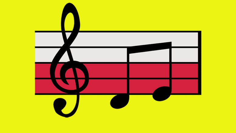 musical notation -- a treble clef sign and two eighth notes D and E ascending in pitch