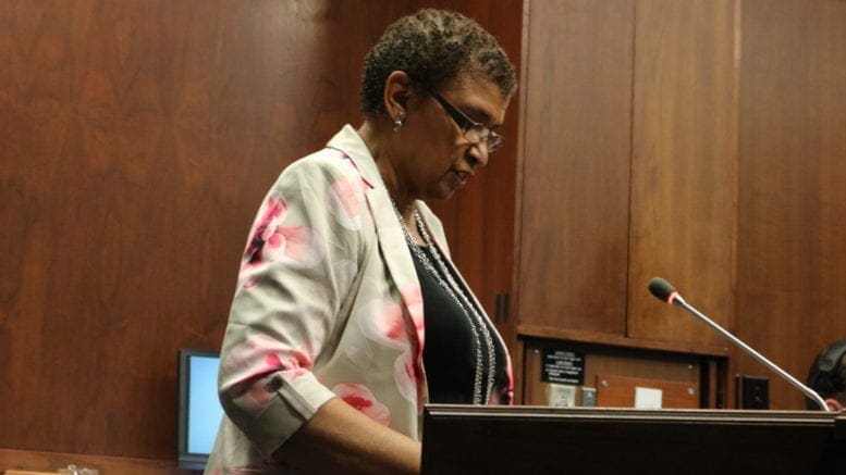 June Van Brackle of the Senior Citizen Council of Cobb speaks in favor of the Cobb millage rate increase (photo by Larry Felton Johnson)