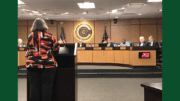 Connie Jackson addresses the board in support of the teachers raises. (photo by Rebecca Gaunt)