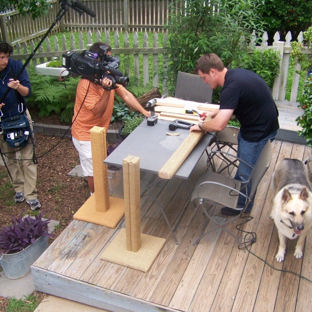 Ingrid Johnson’s husband Jake was filmed for Animal Planet while working on customized cat scratching posts.