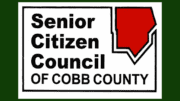 Logo of the Senior Citizen Council of Cobb County (the name of the organization with a red graphic in the outline of the county in the upper right-hand corner.