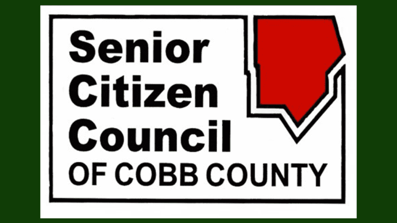 Logo of the Senior Citizen Council of Cobb County (the name of the organization with a red graphic in the outline of the county in the upper right-hand corner.