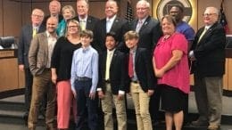 Michael Muldoon, Christopher Corrao and Jesse Niederjohn of Dickerson Middle were recognized for their sports invention that detects concussions. (photo by Rebecca Gaunt)