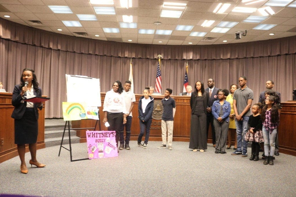 Entrants in the anti-bullying campaign and their advisers (photo by Larry Felton Johnson)