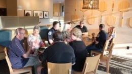 Officers Penirelli and Conwell chat with neighbors at Cobb police Precinct 2 Coffee with a Cop day (photo by Larry Felton Johnson)