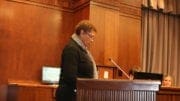 June Van Brackle, president of the Cobb County Senior Citizen Council, speaks at the Cobb County BOC Nov 27 meeting (photo by Larry Felton Johnson)