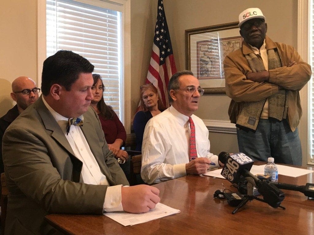 (L to R) Attorneys Robert Madayag and Mitch Skandalakis and Ben Williams of the SCLC. (photo by Rebecca Gaunt)