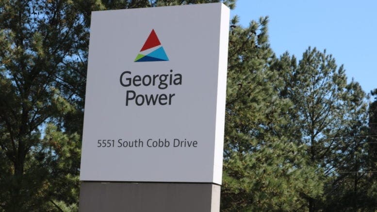 Georgia Power sign at Plant McDonough-Atkinson in Cobb County accompanying article about restory power