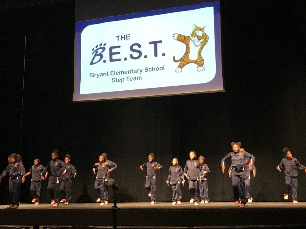  The Bryant Elementary School girls’ step team opened the meeting to a very positive reception in what was an otherwise tense gathering.