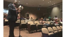 Gregory George addressed several concerns regarding planned SPLOST projects and implored families to stay involved with the issue -- photo from Pebblebrook High School town hall.