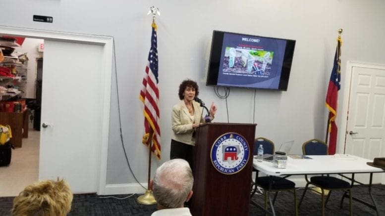 Debbie Fisher delivers SPLOST criticisms at Cobb GOP headquarters (photo by Larry Felton Johnson)