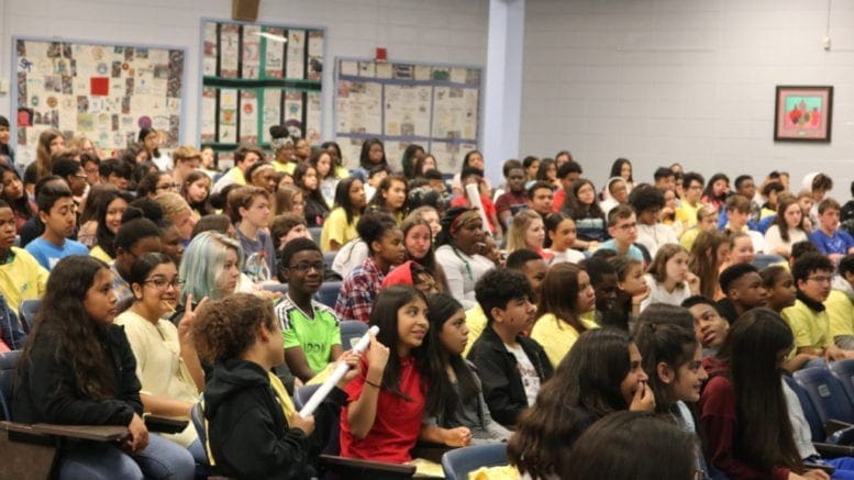 A crowd of students in the auditorium at Griffin Middle School for the STEM competition organized by Tata Consultancy Services