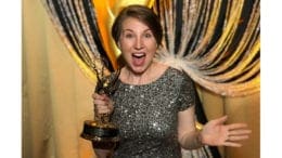 Sarah Clay Lindvall of ArtsBridge Foundation accepting the organization's second-straight Emmy Award for their live broadcast of the Shuler Awards with Georgia Public Broadcasting.