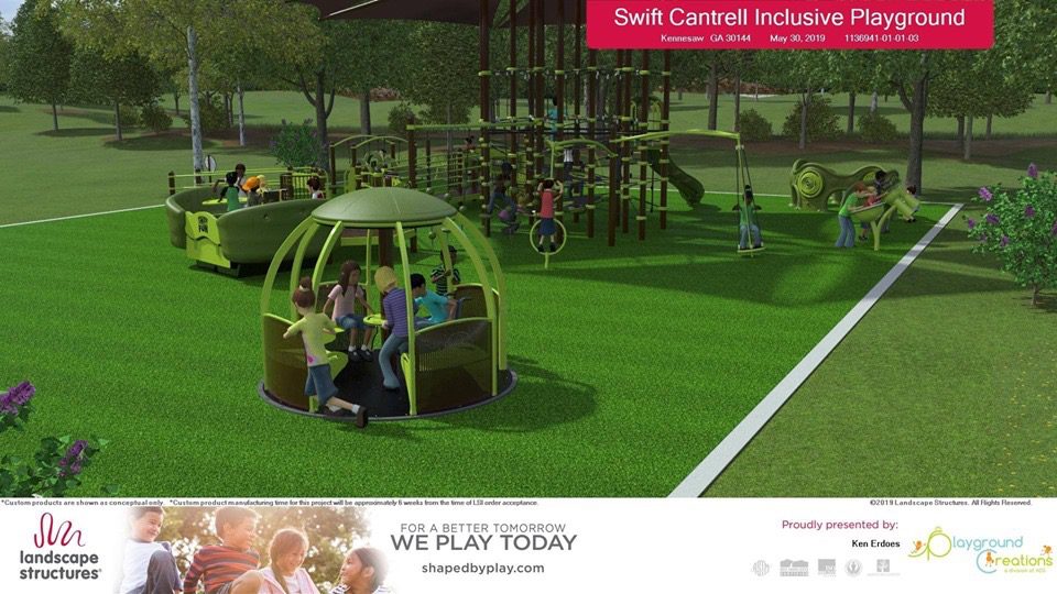 Rendering of an inclusive playground with children on various playground equipment.