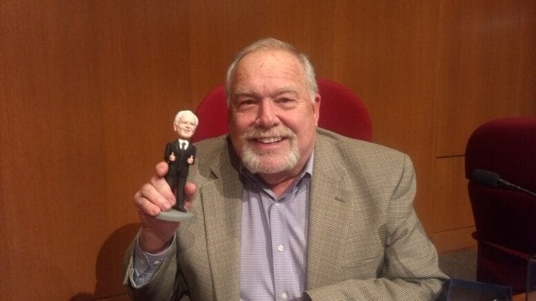 Mayor Max Bacon with the bobblehead modeled on him