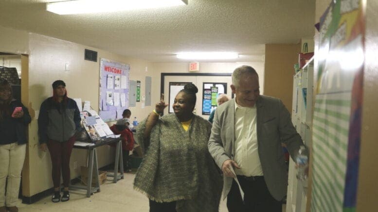 Monica DeLancy and Christopher Reilly at the tenants meeting held by Lexington Austell