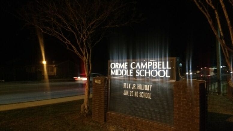 Campbell Middle School sign at night
