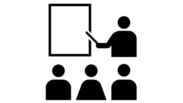 education icon with silhouette of teach in front of class, holding a baton to a board.