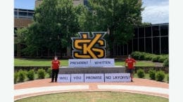 United Campus Workers of Georgia members asking KSU President Pamela Whitten to pledge no layoffs