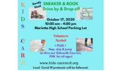 Kids Care sneaker book donation flyer with text available in artice