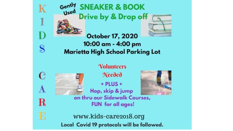 Kids Care sneaker book donation flyer with text available in artice