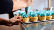 Kennesaw cupcake decorating as a person applies icing to a row of cupcakes