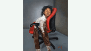 A painting of a Black child asleep on a rolling office chair