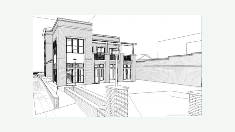 Renderings of restored Whistle Stop building and the plaza with Dry County Taproom on the right.