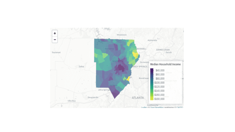 screenshot of interactive map of Cobb County with incomes by census tract color coded (text tables of data available in article)