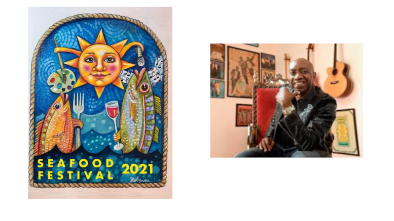 Logo for the Powder Springs festival with sun and fish, along with a photo of Otis Redding the third