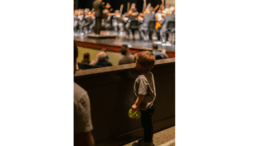 child watching orchestra from balcony
