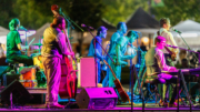 Pigs & Peaches BBQ featuring a band on stage with brightly colored lights shining on them