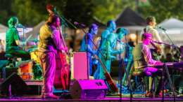 Pigs & Peaches BBQ featuring a band on stage with brightly colored lights shining on them