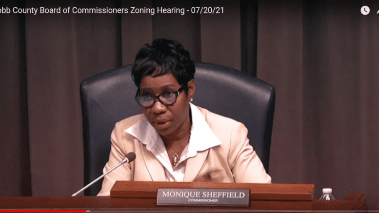 Screenshot of District 4 Commissioner Monique Sheffield speaking at the BOC zoning meeting