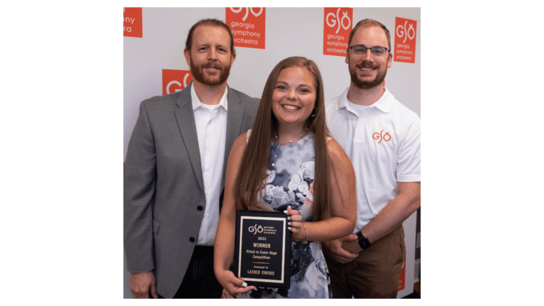 (Left – right) Georgia Symphony Orchestra Music Director Timothy Verville; Lainie Ewers, GSO Virtual to Center Stage competition winner; and Taylor Rambo, GSO executive director.