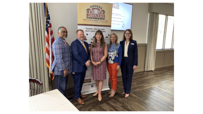 L-R, Rep. Erick Allen, Smyrna Councilman Travis Lindley, Rep. Teri Anulewicz, Sen. Jen Jordan, Smyrna Business Association President Sara Sorenson (photo courtesy of Tim Gould)