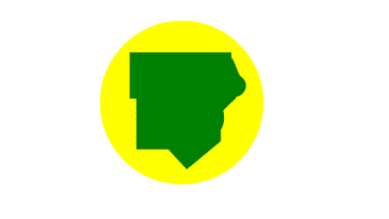 an outline map of Cobb County -- green within a yellow circle