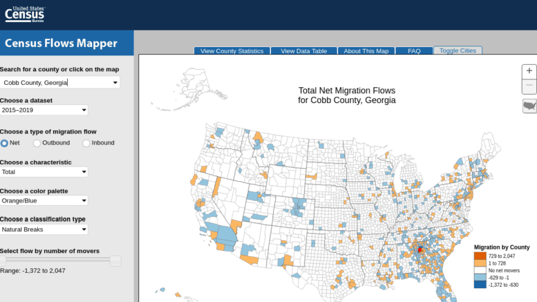 Map of U.S. color-coded for migration flows