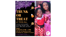 A flyer showing two young girls in costume smiling