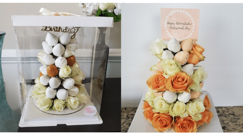 photos of elaborately decorated baked goods, one with intricated icing roses