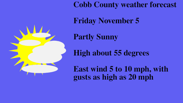 Cobb weather November 5. Partly Sunny. High near 55.