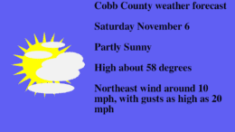 Cobb County weather November 6: sunny skies with a high around 58 set beside a graphic of a sun with clouds