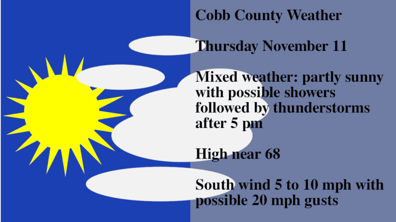 Cobb weather November 11: mixed weather, partly sunny with chance of showers and possible thunderstorms after 5 p.m., high near 68 with wind at 5 to 10 mph and gusts of up to 20 mph