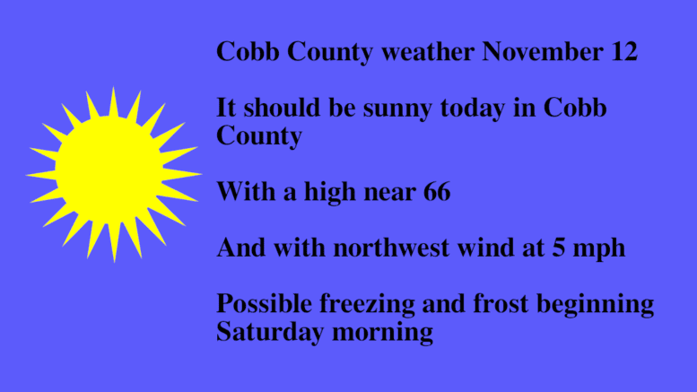 Sunny sky logo with this text: Cobb weather November 12: it should be sunny today in Cobb County, with a high near 66, with northwest wind at 5 mph