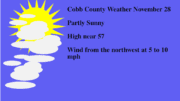 Partly sunny skies graphic with the following text: Cobb County Weather November 28 Partly Sunny High near 57 Wind from the northwest at 5 to 10 mph