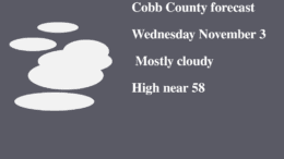Cobb weather November 3 graphic with grey sky and cluster of clouds: 58 degree high