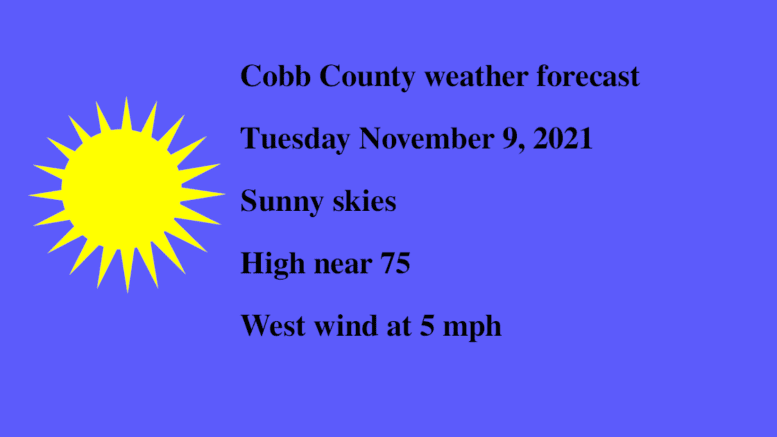 graphic of Cobb weather November 9: Sunny, high near 75, west wind 5 miles per hour
